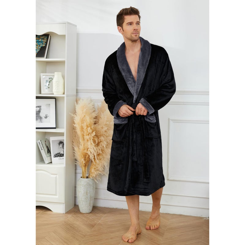 U2SKIIN Mens Fleece Robe Plush Collar Shawl Bathrobe(Black/Dark Grey,L/XL) - Image 5