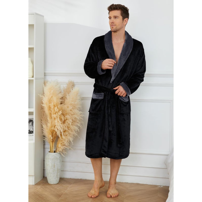 U2SKIIN Mens Fleece Robe Plush Collar Shawl Bathrobe(Black/Dark Grey,L/XL) - Image 4