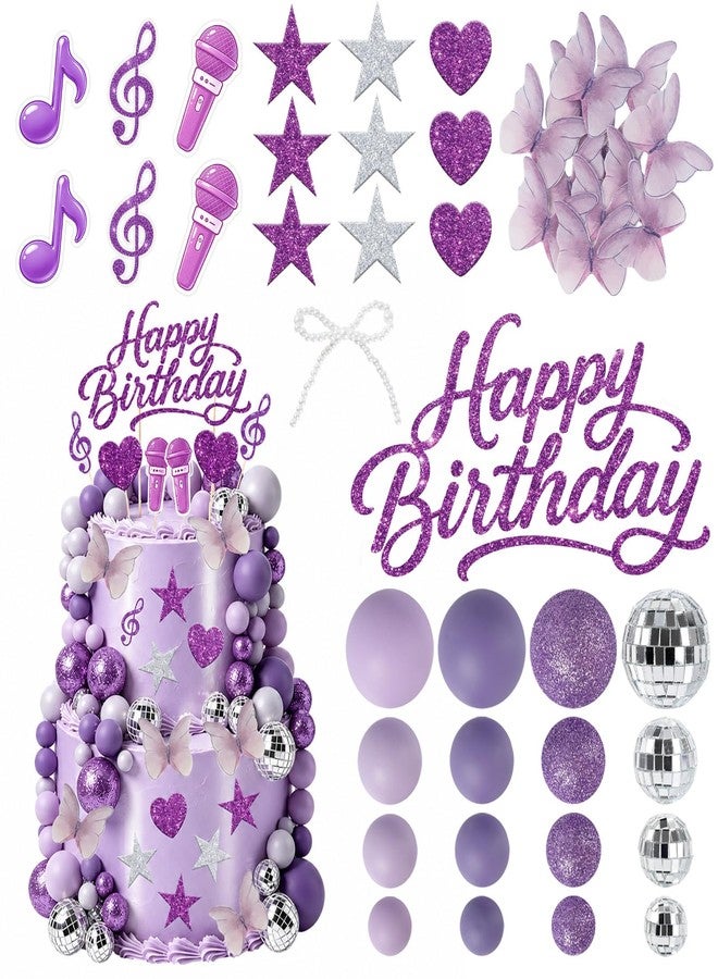 linastu 93Pcs Kpop Cake Topper Popular Birthday Cake Decoration Include Happy Birthday Glittery Cake Topper, Disco Balls, Butterfly Stickers, Bow Tie Accessorie, Music Birthday Party Decorations (Purple) - Image 1