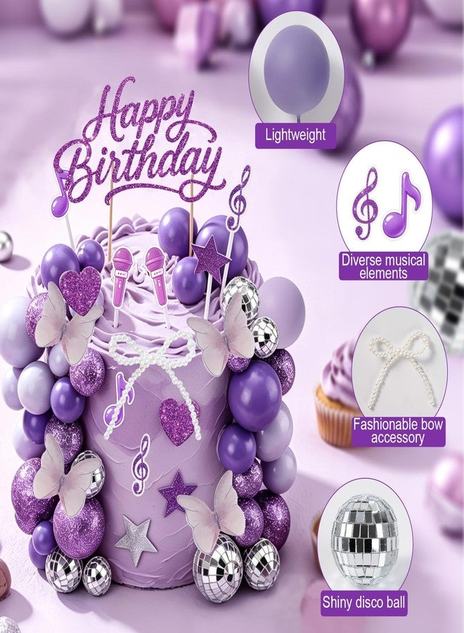 linastu 93Pcs Kpop Cake Topper Popular Birthday Cake Decoration Include Happy Birthday Glittery Cake Topper, Disco Balls, Butterfly Stickers, Bow Tie Accessorie, Music Birthday Party Decorations (Purple) - Image 3