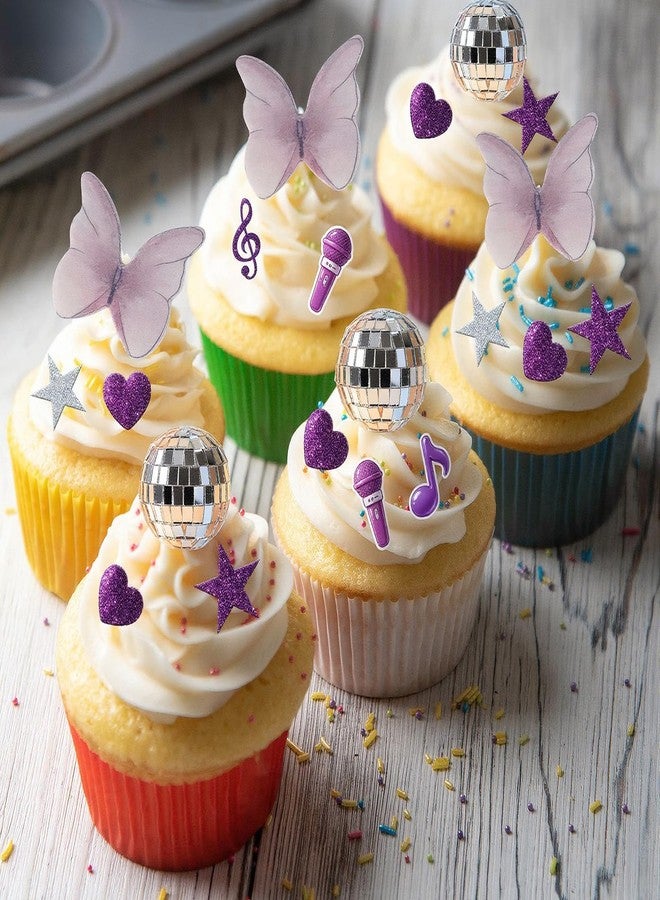 linastu 93Pcs Kpop Cake Topper Popular Birthday Cake Decoration Include Happy Birthday Glittery Cake Topper, Disco Balls, Butterfly Stickers, Bow Tie Accessorie, Music Birthday Party Decorations (Purple) - Image 5