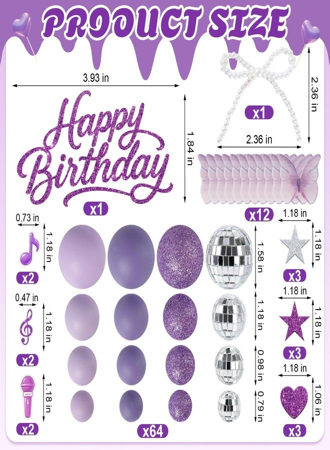 linastu 93Pcs Kpop Cake Topper Popular Birthday Cake Decoration Include Happy Birthday Glittery Cake Topper, Disco Balls, Butterfly Stickers, Bow Tie Accessorie, Music Birthday Party Decorations (Purple) - Image 2