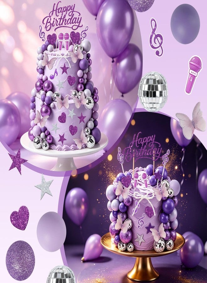 linastu 93Pcs Kpop Cake Topper Popular Birthday Cake Decoration Include Happy Birthday Glittery Cake Topper, Disco Balls, Butterfly Stickers, Bow Tie Accessorie, Music Birthday Party Decorations (Purple) - Image 4