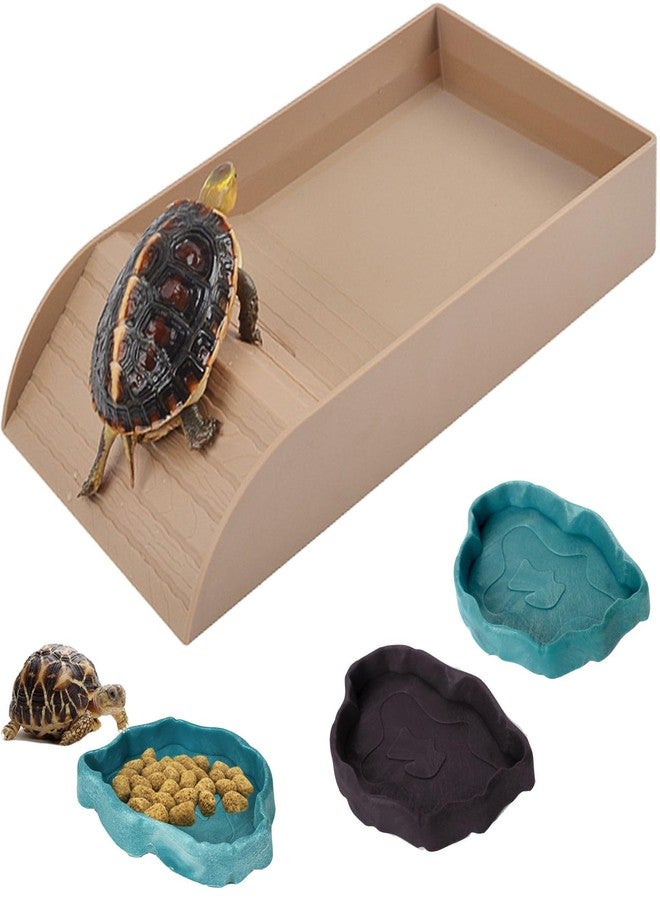 DBYANAN 3pcs Tortoise Water Dish with Ramp Turtle Food Water Bowls Rock Reptile Water Dish Tortoises Habitat Accessories Turtle Reptile Bathing Pool (Brown) - Image 1