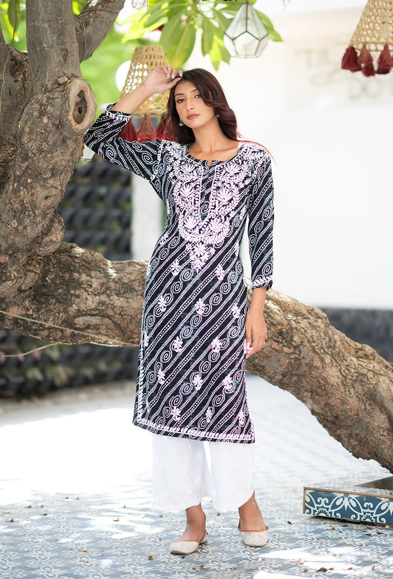 ZERESOUQ Black Rayon Bandhani Printed Kurta Only