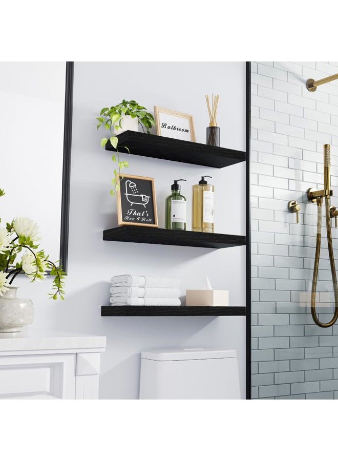 BAYKA Floating Shelves for Wall, Wall Mounted Rustic Wood Shelves for Bathroom, Bedroom, Living Room, Kitchen, Hanging Shelf for Books/Storage/Room Decor with 22lbs Capacity (Black, Set of 3, 16in) - Image 2