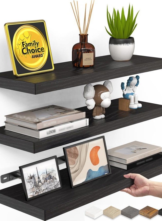 BAYKA Floating Shelves for Wall, Wall Mounted Rustic Wood Shelves for Bathroom, Bedroom, Living Room, Kitchen, Hanging Shelf for Books/Storage/Room Decor with 22lbs Capacity (Black, Set of 3, 16in) - Image 1