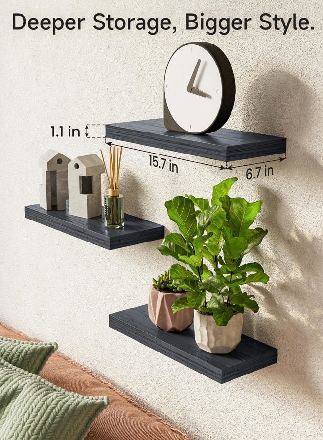 BAYKA Floating Shelves for Wall, Wall Mounted Rustic Wood Shelves for Bathroom, Bedroom, Living Room, Kitchen, Hanging Shelf for Books/Storage/Room Decor with 22lbs Capacity (Black, Set of 3, 16in) - Image 4