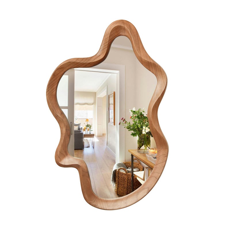 sawsile Irregular Wall Mirror,24"x 36"Asymmetrical Mirror Wood,Wooden Framed Wall Mirror,Modern Large Vanity Bathroom Mirror,Walnut Wavy Mirror for Entryway,Bedroom,Living Room,Washroom - Image 1