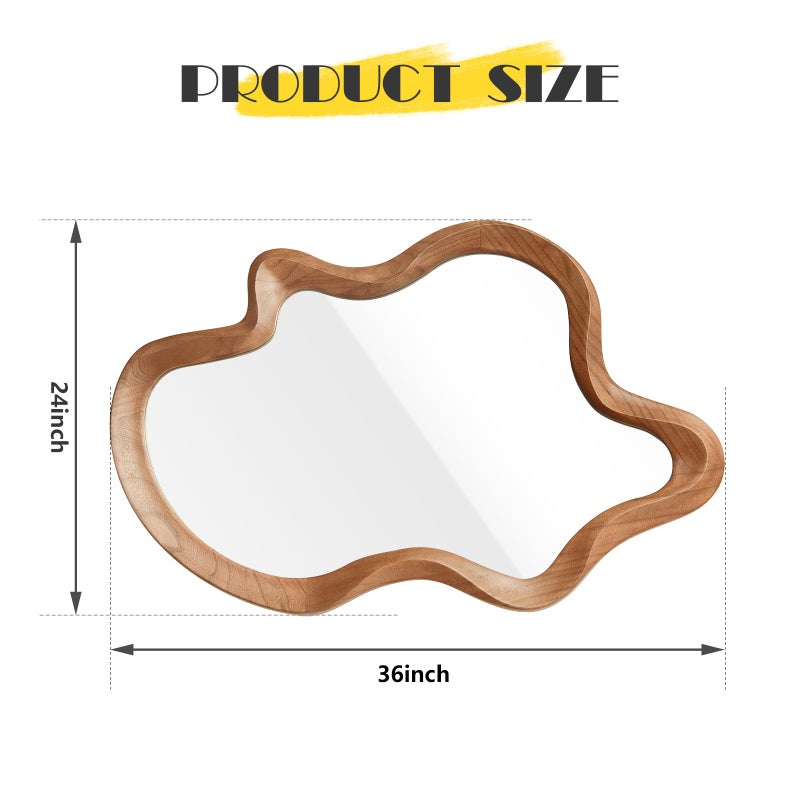 sawsile Irregular Wall Mirror,24"x 36"Asymmetrical Mirror Wood,Wooden Framed Wall Mirror,Modern Large Vanity Bathroom Mirror,Walnut Wavy Mirror for Entryway,Bedroom,Living Room,Washroom - Image 2