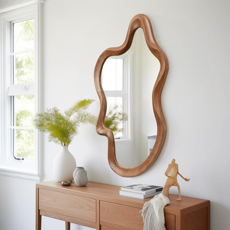 sawsile Irregular Wall Mirror,24"x 36"Asymmetrical Mirror Wood,Wooden Framed Wall Mirror,Modern Large Vanity Bathroom Mirror,Walnut Wavy Mirror for Entryway,Bedroom,Living Room,Washroom - Image 5
