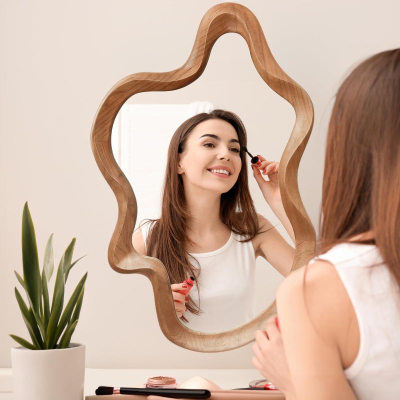 sawsile Irregular Wall Mirror,24"x 36"Asymmetrical Mirror Wood,Wooden Framed Wall Mirror,Modern Large Vanity Bathroom Mirror,Walnut Wavy Mirror for Entryway,Bedroom,Living Room,Washroom - Image 4