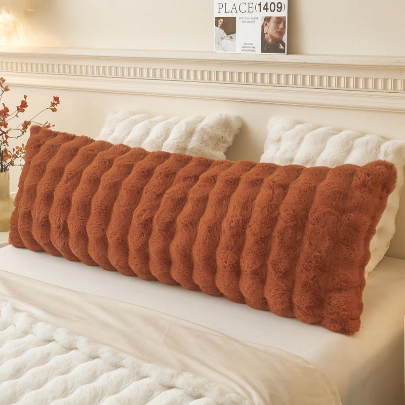 LIFEREVO Fluffy Faux Rabbit Fur Body Pillow Cover, Cozy Bubble Shaggy Plush Bed Body Pillowcase with Zipper Closure, Long 20"x54" Fuzzy Furry Pillow Case for Bedroom Home Decoration, Burnt Orange - Image 1