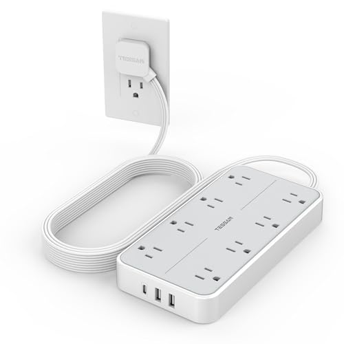 TESSAN Power Strip Surge Protector 10 FT, TESSAN Flat Plug Extension Cord with 8 Outlets 3 USB Ports(1 USB C), 1080Joules Wall Mountable Multi Port Charging Station for Home Office Dorm Room Essentials - Image 1