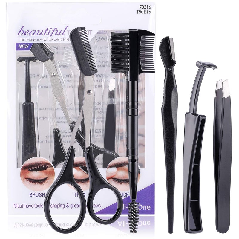 JPNK 5 in 1 Eyebrow Tweezers Scissors and Razors SetEyebrow Trimmer Shaver Shaper and Angled Spoolie Brows Brushes Eyebrow Grooming Kit for Women and Men