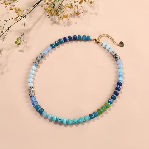Badu Gemstone Beaded Necklace for Women Colorful Natural Stone Freshwater Pearl Surfer Beach Rainbow Necklace Jewelry Gift (Blue) - Image 4