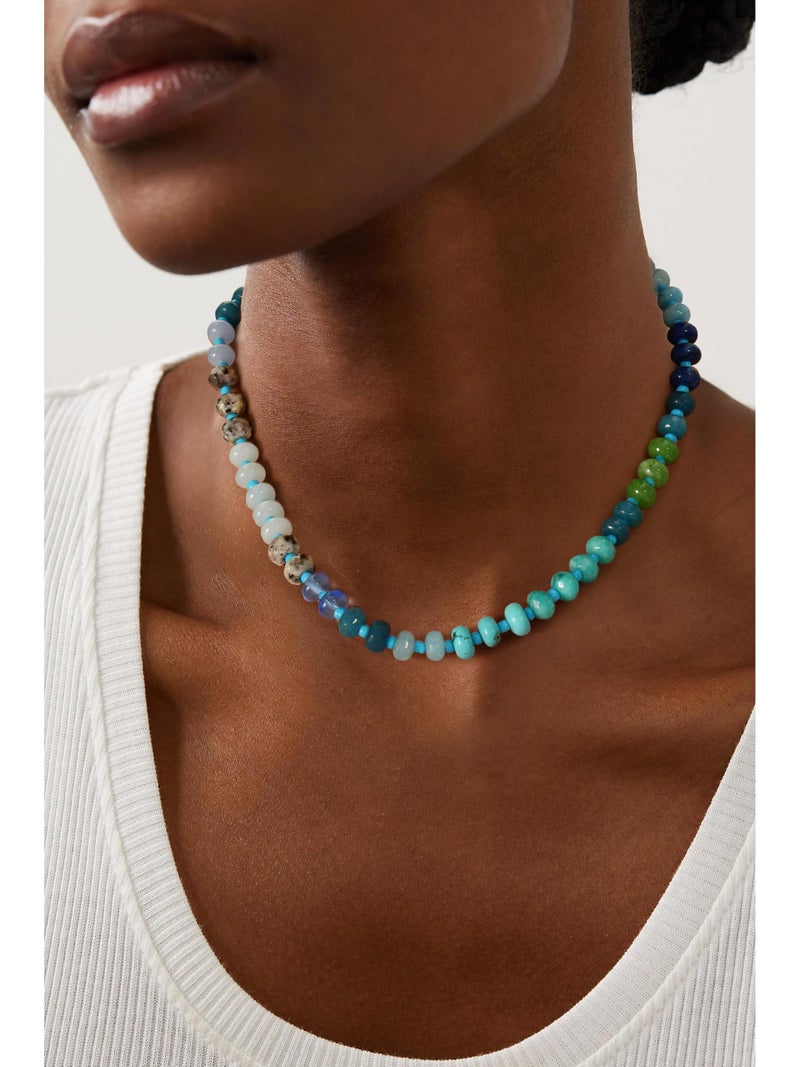 Badu Gemstone Beaded Necklace for Women Colorful Natural Stone Freshwater Pearl Surfer Beach Rainbow Necklace Jewelry Gift (Blue) - Image 3