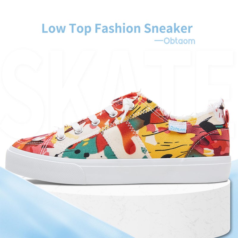 Obtaom Womens Floral Play Canvas Sneakers Cute Tie Dye Slip on Shoes Comfortable Multi Floral Print Canvas Sneakers for Fashion Lady(Red/Pink,US7) - Image 3