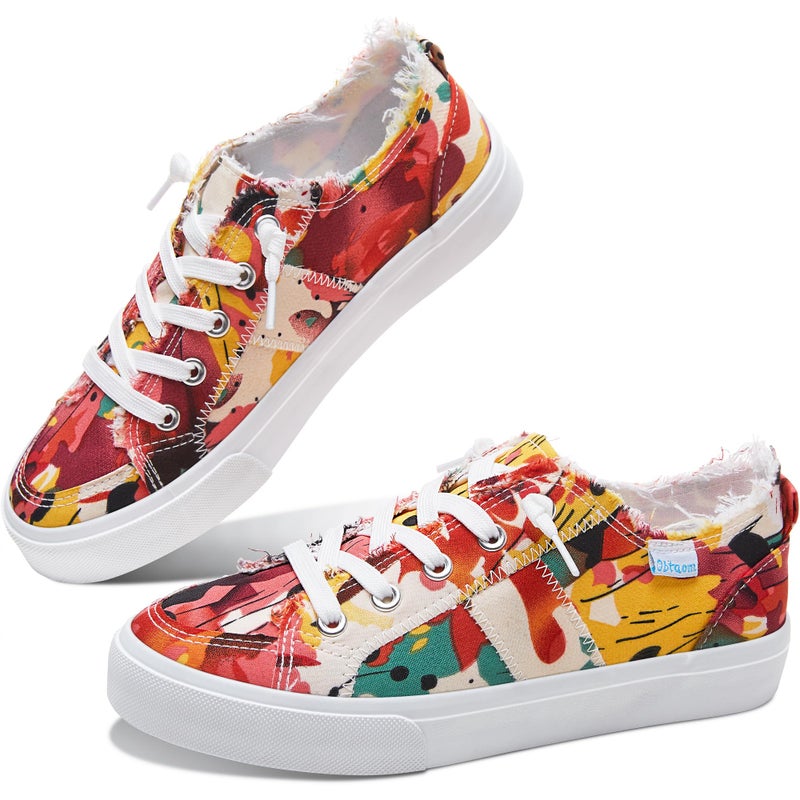 Obtaom Womens Floral Play Canvas Sneakers Cute Tie Dye Slip on Shoes Comfortable Multi Floral Print Canvas Sneakers for Fashion Lady(Red/Pink,US7) - Image 1