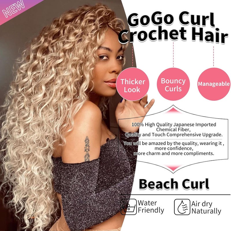 QRHSUKA شعر محبوك بنمط GoGo Curl للنساء السود، بتموجات مائية وشعر بشري مموج، إضافات شعر صناعية (طول 18 بوصة، الألوان T27/613) - Image 2