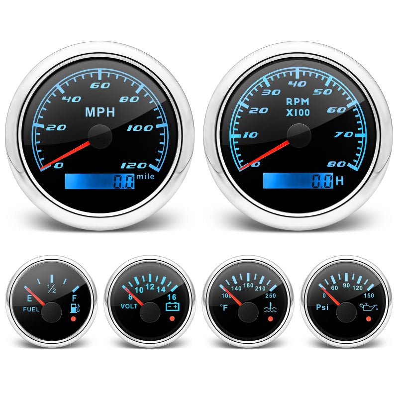 ARTILAURA 6 Gauge Set 338 85mm GPS Speedometer Tachometer 2116 Fuel Level Water Temperature Oil Pressure Volt 7 Color Boat Gauge Kit Marine CarBlack Silver