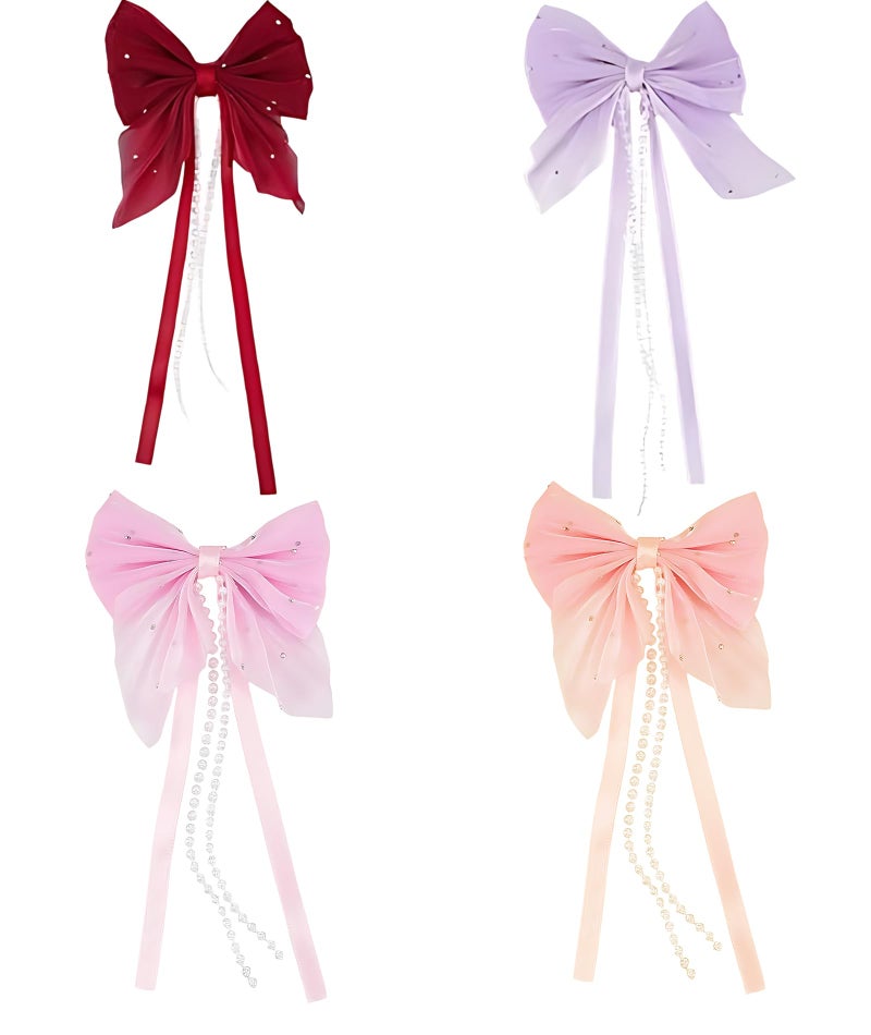 Aeenioy 4 Pieces Hair Bow Ties for Women, Bow Hair Clips with Beaded Chain, Sheer Fabric Hair Accessories for Girls, Butterfly Hair Ribbon Clips for Daily Styling and Usually Occasions - Image 1