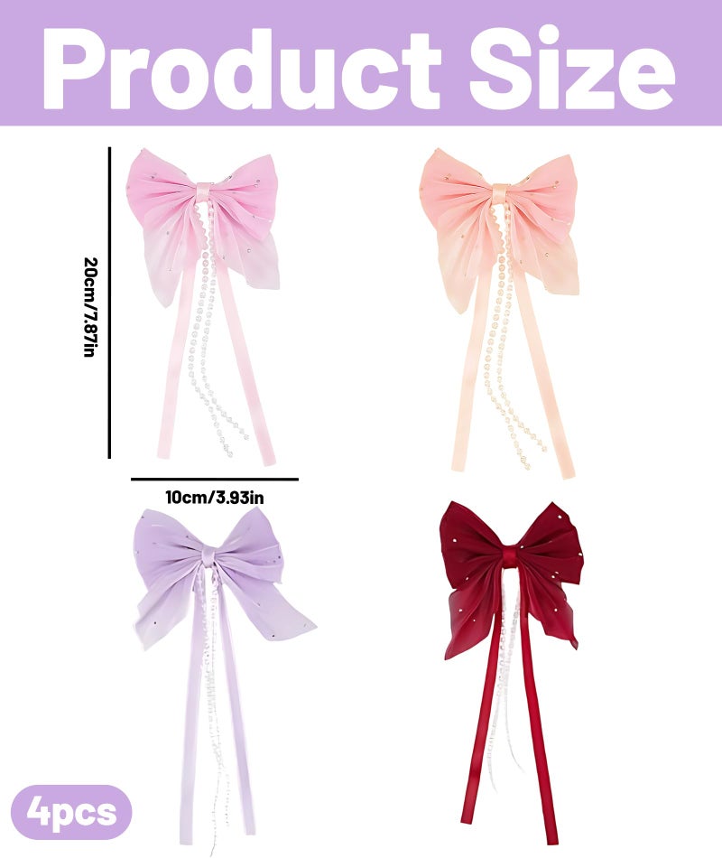 Aeenioy 4 Pieces Hair Bow Ties for Women, Bow Hair Clips with Beaded Chain, Sheer Fabric Hair Accessories for Girls, Butterfly Hair Ribbon Clips for Daily Styling and Usually Occasions - Image 2