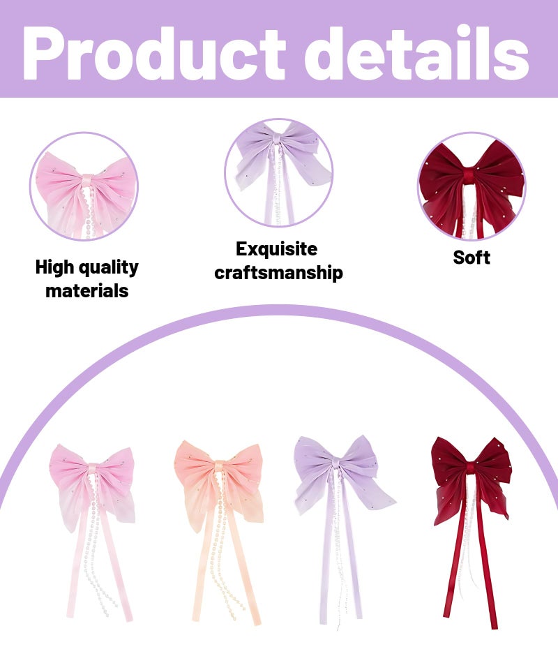 Aeenioy 4 Pieces Hair Bow Ties for Women, Bow Hair Clips with Beaded Chain, Sheer Fabric Hair Accessories for Girls, Butterfly Hair Ribbon Clips for Daily Styling and Usually Occasions - Image 3