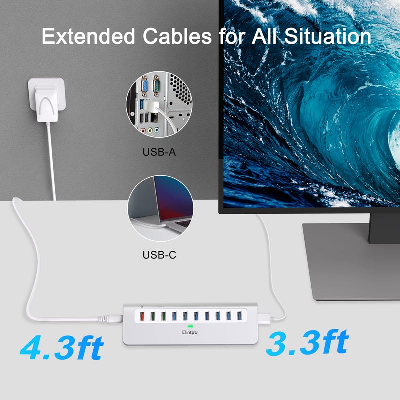 intpw Powered USB Hub 10Gbps, 10 Port USB 3.2 Gen 2 Hub with 7 USB 3.2 Data Ports, 3 Fast Charging Ports, 36W Power Adapter, Type A and Type C Cable, Aluminum USB Data Hub for Mac, PC, Laptop - Image 4