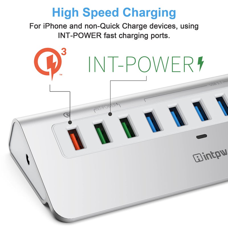 intpw Powered USB Hub 10Gbps, 10 Port USB 3.2 Gen 2 Hub with 7 USB 3.2 Data Ports, 3 Fast Charging Ports, 36W Power Adapter, Type A and Type C Cable, Aluminum USB Data Hub for Mac, PC, Laptop - Image 5