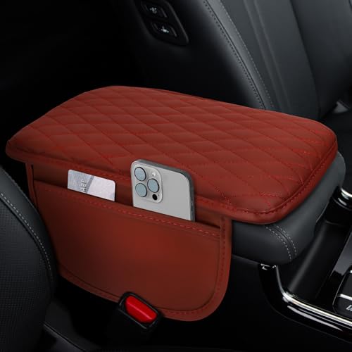 ongfuwu Car Center Console Cover 12787 Waterproof Leather Auto Armrest Cover Protector with 2 Pocket Comfortable Arm Rest Box Cushion Pad Universal Interior Car Accessories Wine Red - Image 1
