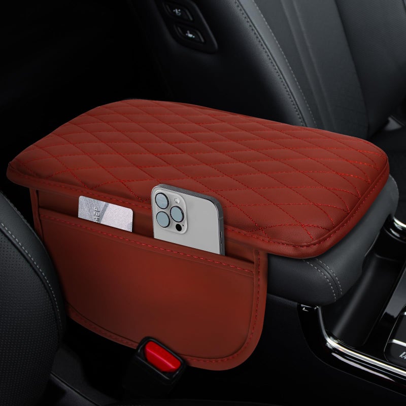 ongfuwu Car Center Console Cover 12787 Waterproof Leather Auto Armrest Cover Protector with 2 Pocket Comfortable Arm Rest Box Cushion Pad Universal Interior Car Accessories Wine Red - Image 3