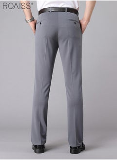 roaiss Men's Fashion Casual Business Pants Summer Light Thin High Elastic Classic Pure Grey Suit Pants Skintight Wrinkle-Resistant High Waist Straight Trousers with Pockets on Both Sides  - Image 2
