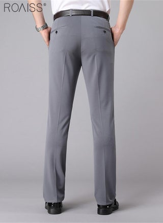 Men's Fashion Casual Business Pants Summer Light Thin High Elastic Classic Pure Grey Suit Pants Skintight Wrinkle-Resistant High Waist Straight Trousers with Pockets on Both Sides - view 2