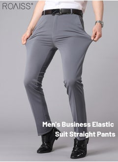 roaiss Men's Fashion Casual Business Pants Summer Light Thin High Elastic Classic Pure Grey Suit Pants Skintight Wrinkle-Resistant High Waist Straight Trousers with Pockets on Both Sides  - Image 3