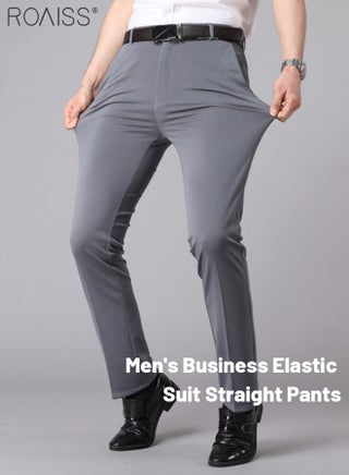 Men's Fashion Casual Business Pants Summer Light Thin High Elastic Classic Pure Grey Suit Pants Skintight Wrinkle-Resistant High Waist Straight Trousers with Pockets on Both Sides - view 3