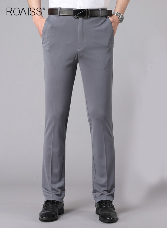 رويس بنطلون عمل كاجوال رجالي عصري للرجال بنطلون صيفي خفيف رقيق عالي المرونة كلاسيكي كلاسيكي رمادي نقي بنطلون بدلة رمادي نقي ضيق مقاوم للتجاعيد عالي الخصر مستقيم مع جيوب على كلا الجانبين - Image 5