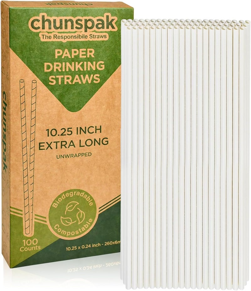 chunspak قصبة شرب ورقية فائ��ة الطول بطول 10.25 بوصة قابلة للتحلل البيولوجي، بيضاء عادية، عدد 100، للكوكتيلات الطويلة والأكواب والزجاجات والحانات والمطاعم وعصي حلوى القطن - Image 1
