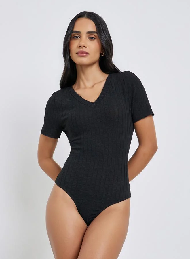 Styli Black Ribbed V Neck Bodysuit