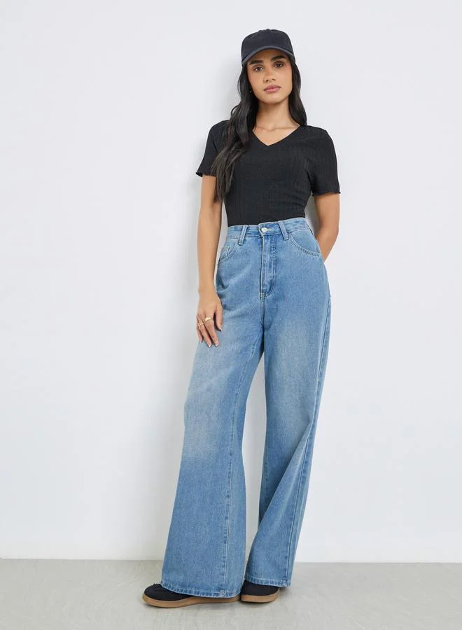 Styli  Styli Black Ribbed V Neck Bodysuit for Women | Best Price UAE