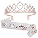 CAVETEE Birthday Crowns for Women Birthday Queen Sash Rhinestone Tiara Set Birthday Tiaras and Sash for Women Queen Crowns Tiaras for Women Birthday Rose Gold Birthday Crown and Floral White Sash - Image 3