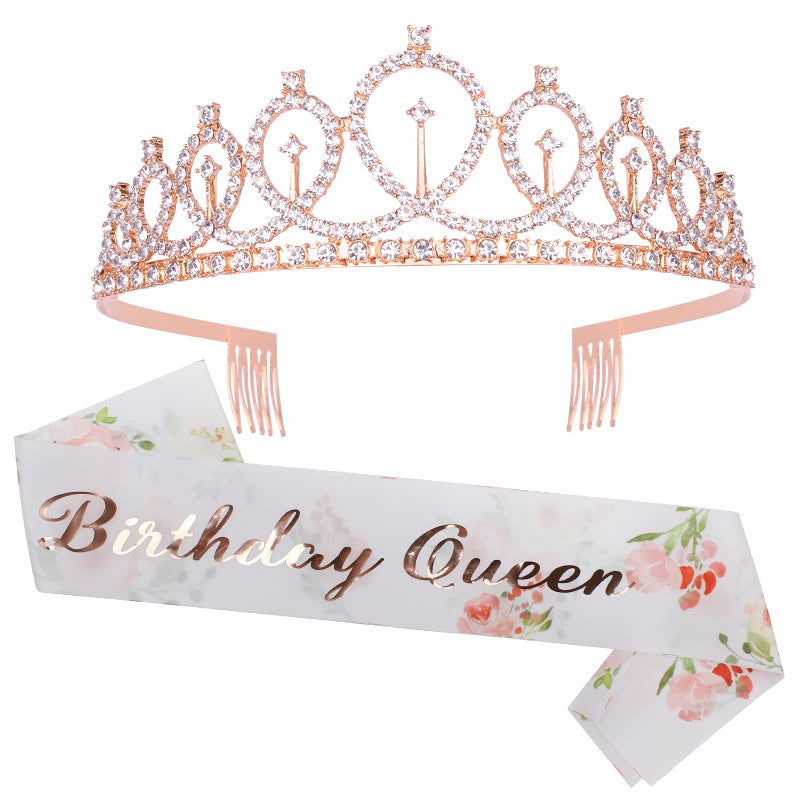 CAVETEE Birthday Crowns for Women Birthday Queen Sash Rhinestone Tiara Set Birthday Tiaras and Sash for Women Queen Crowns Tiaras for Women Birthday Rose Gold Birthday Crown and Floral White Sash - Image 2