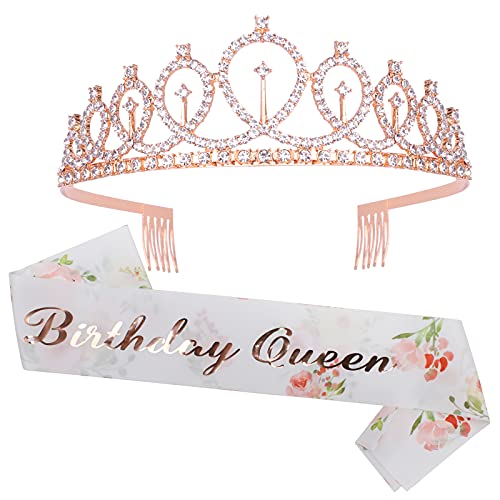 CAVETEE Birthday Crowns for Women Birthday Queen Sash Rhinestone Tiara Set Birthday Tiaras and Sash for Women Queen Crowns Tiaras for Women Birthday Rose Gold Birthday Crown and Floral White Sash - Image 1