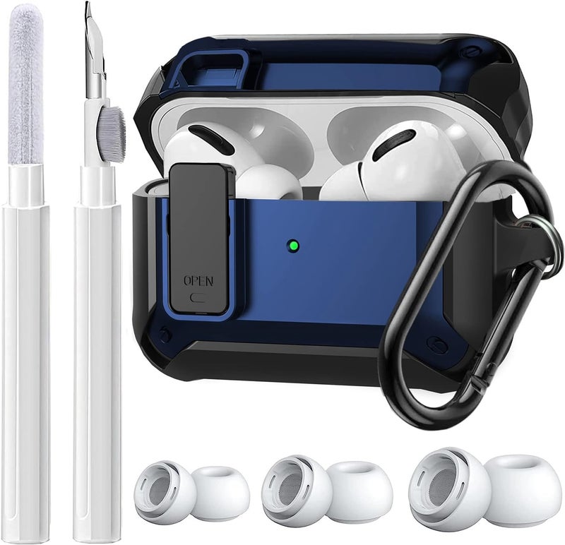 Olytop AirPods Pro 2/1 Case Lock with Cleaner Kit & Replacement Ear Tips (S/M/L), Rugged Protective Cover for iPod Pro (2023/2022/2019) with Keychain, Black/Blue - Image 1