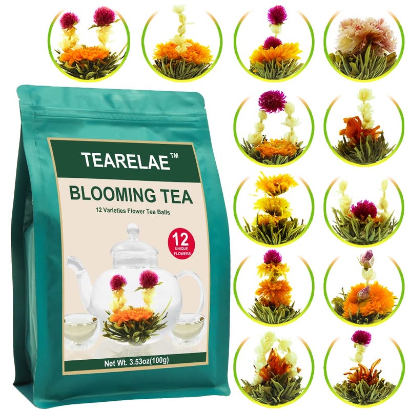 TEARELAE Blooming Tea Flowers - 12pcs Individually Sealed Flowering Balls - Hand-Tied Natural Green Tea Leaves & Edible Flowers - Gifts For Lovers - Image 1
