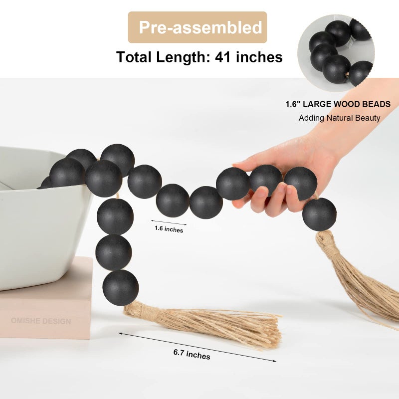 OMISHE Extra Large Wood Bead Garland Black with 1.6" Diameter Wooden Beads and Tassels, 41" Long Rustic Farmhouse Country Decorative Beads for Home Tiered Tray Decor, Black - Image 4