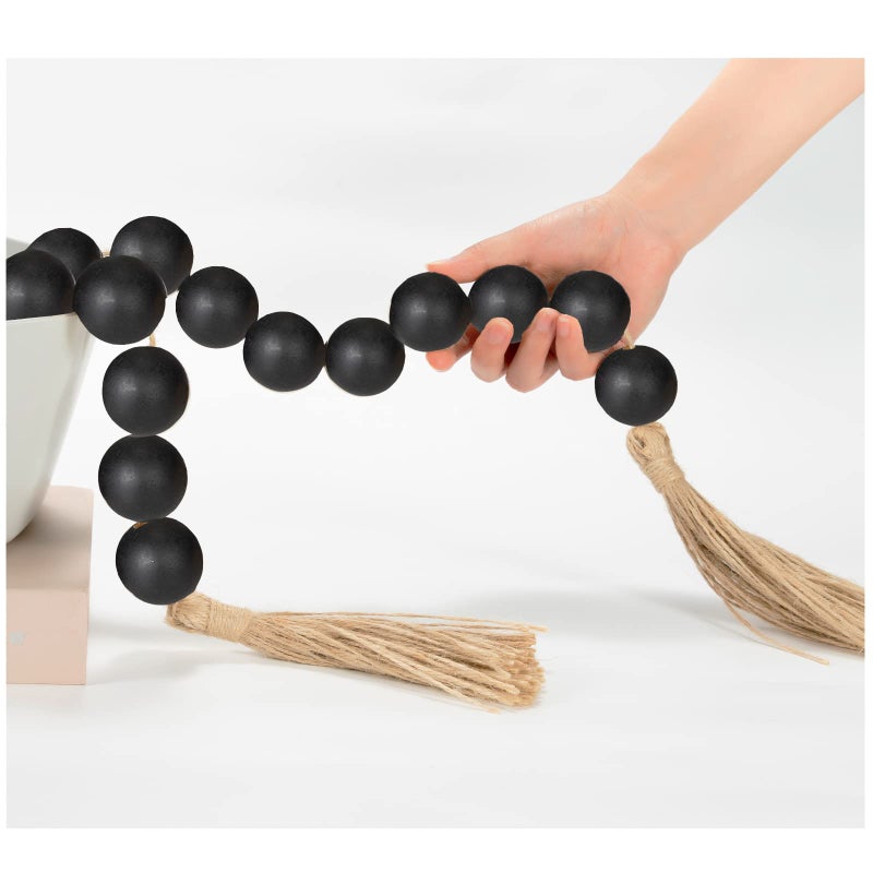 OMISHE Extra Large Wood Bead Garland Black with 1.6" Diameter Wooden Beads and Tassels, 41" Long Rustic Farmhouse Country Decorative Beads for Home Tiered Tray Decor, Black - Image 1