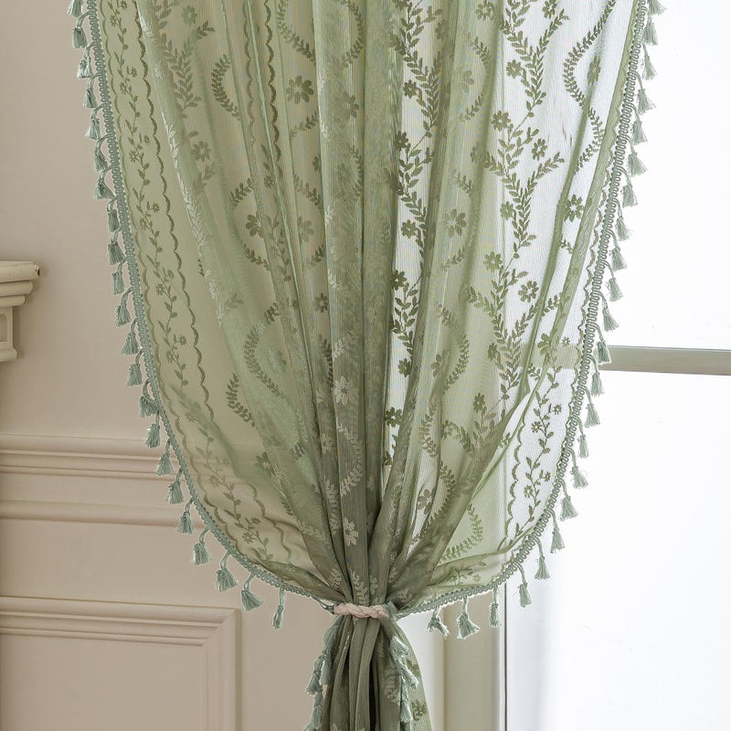 WAZZIO Sage Green Sheer Curtains 84 Inches Long 2 Panel,Rod Pocket Privacy Light Filtering Lace Window Panels,Elegant Farmhouse Cute Tassel Boho Floral Semi-Sheer Drapes for Bedroom Living Room - Image 1