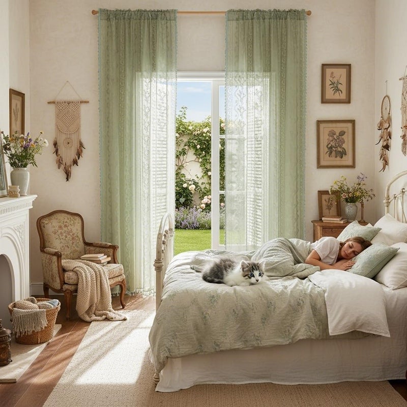 WAZZIO Sage Green Sheer Curtains 84 Inches Long 2 Panel,Rod Pocket Privacy Light Filtering Lace Window Panels,Elegant Farmhouse Cute Tassel Boho Floral Semi-Sheer Drapes for Bedroom Living Room - Image 2