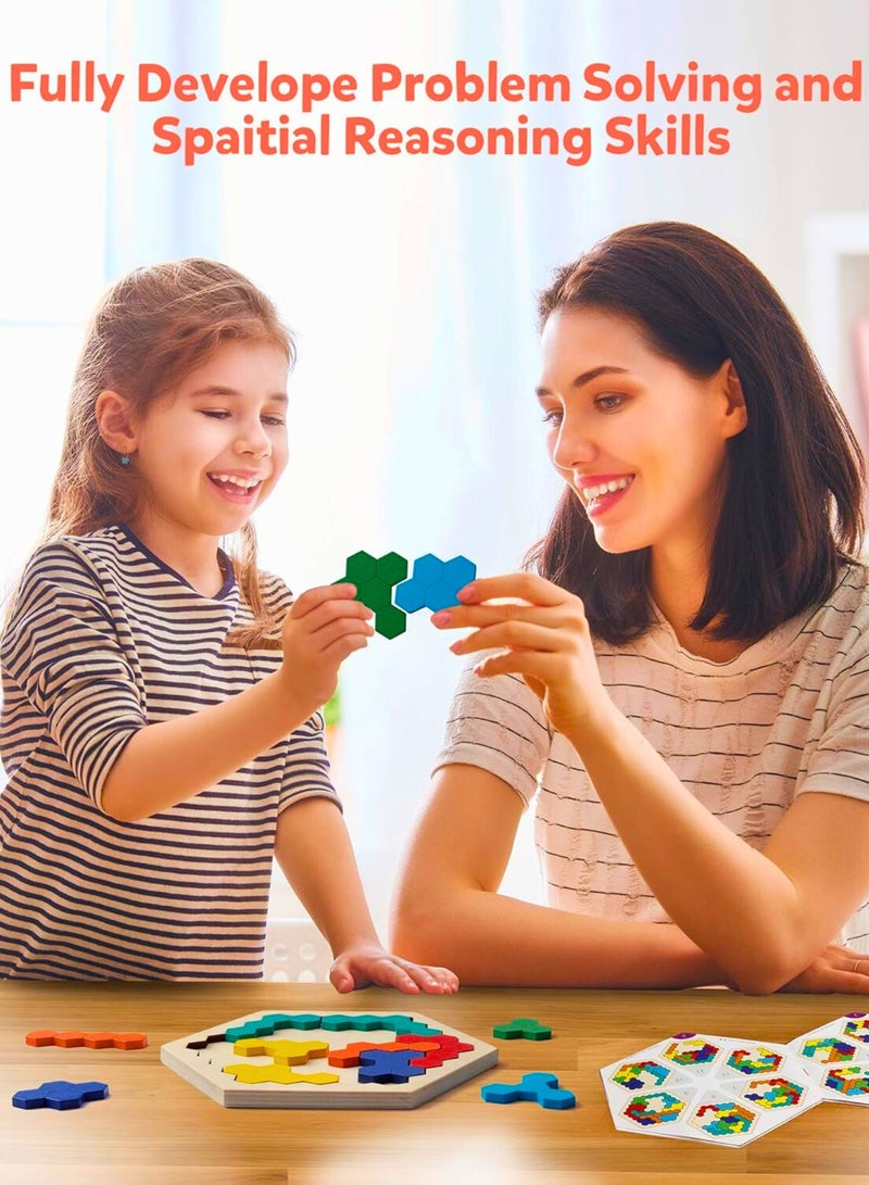 لعبة أحجية سداسية خشبية - لعبة أحجية تانغرام بأشكال هندسية منطقية، لعبة ذكاء، هدية تعليمية من مونتيسوري لجميع الأعمار، تحدي - Image 3